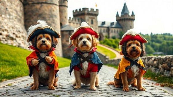 Dogs in musketeer costumes posing for dog training for spring and summer fun.