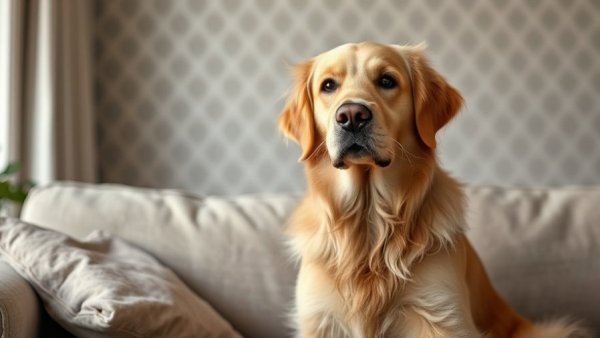 Golden retriever giving side eye on couch, relaxed setting.