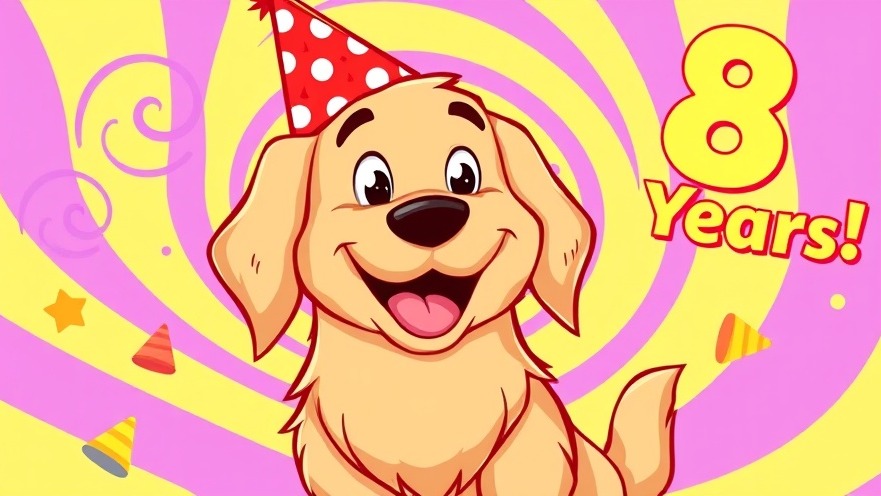 Cheerful Golden Retriever celebrates 8 years. Support senior dogs with canine aging care.
