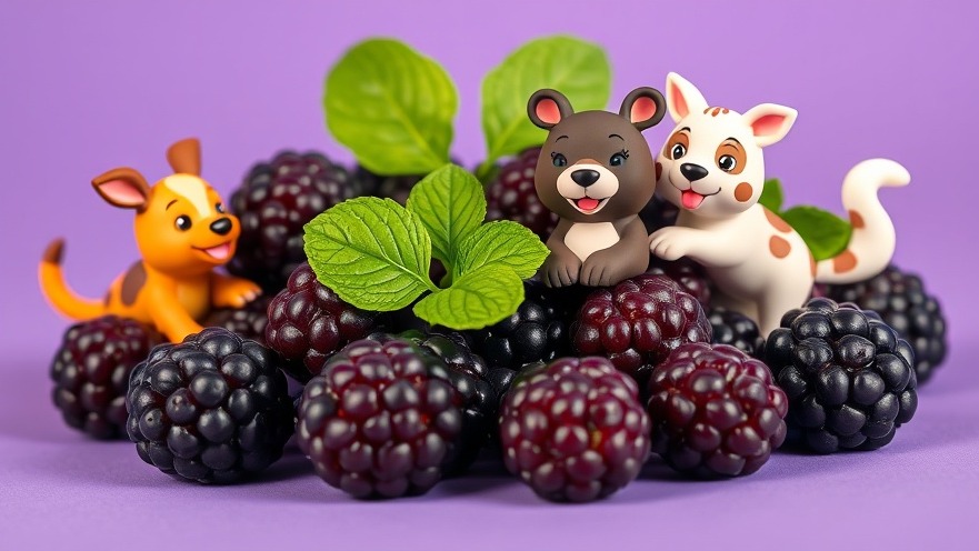 Playful cartoon animals with fresh blackberries, showcasing dog nutrition benefits.
