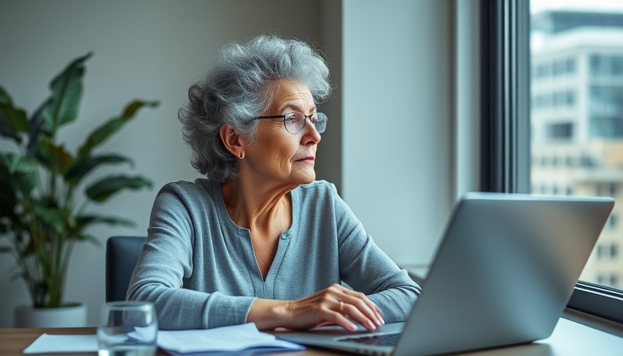 Older woman pondering menopause and mental health in bright office.