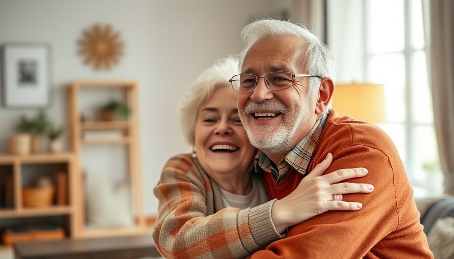 Aging parents enjoy retirement, smiling and embracing in a cozy home.