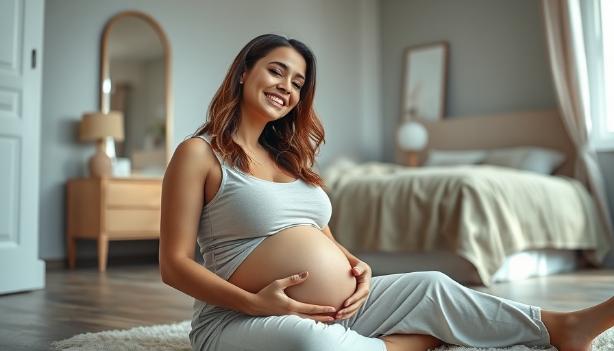 Pregnant woman relaxing at home, smiling gently, soft ambiance.