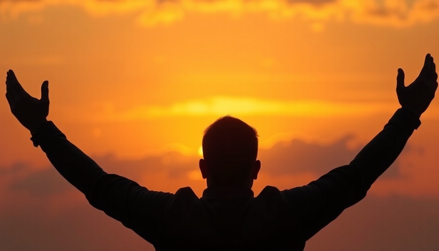 Silhouette with arms raised against sunset sky, stop worrying by being positive.