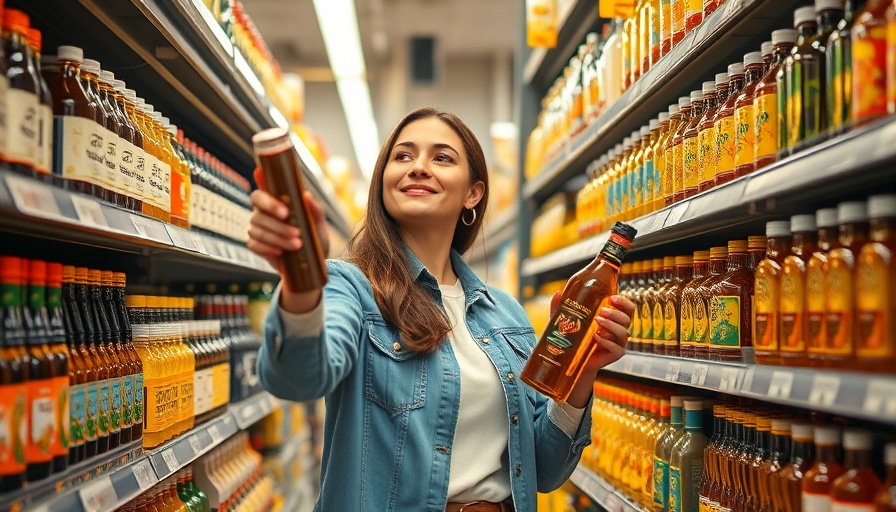 Young woman shopping for seed oil in supermarket, vibrant grocery aisle.