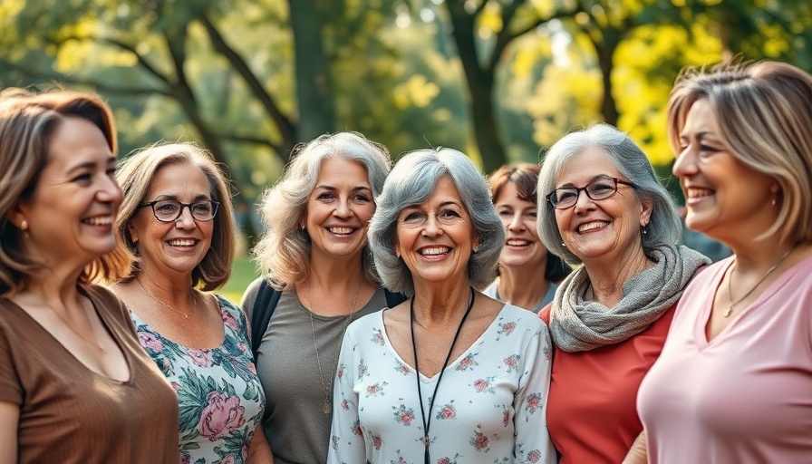 Diverse group of women smiling outdoors, addressing weight gain and menopause in a supportive gathering.