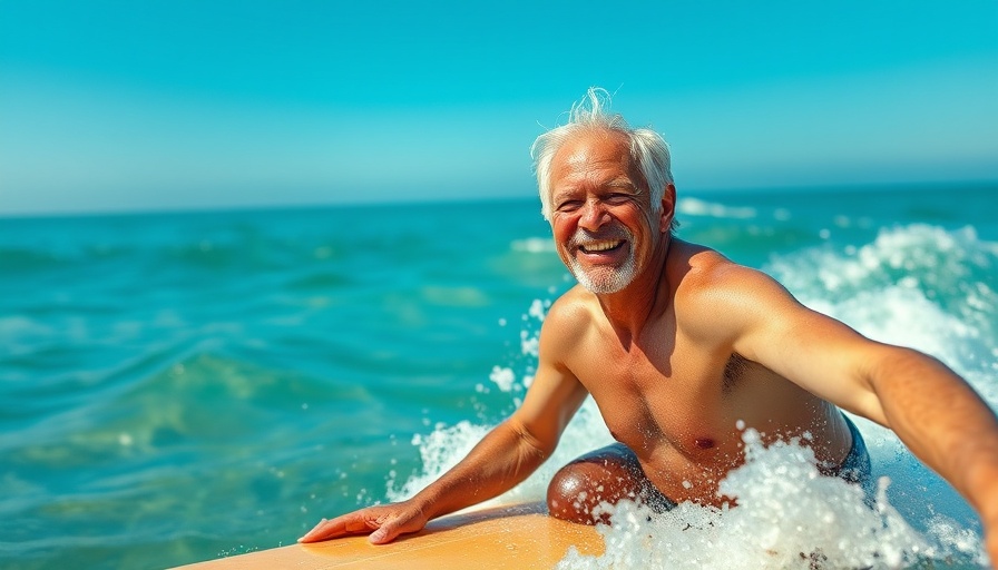 Energetic older male surfer paddling with joy, optimize testosterone