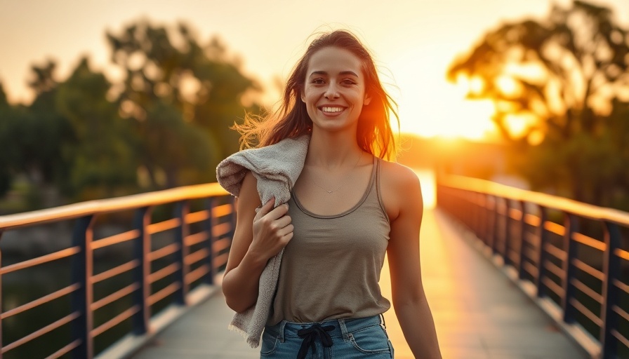 Confident woman embracing body neutrality on a sunset bridge walk.