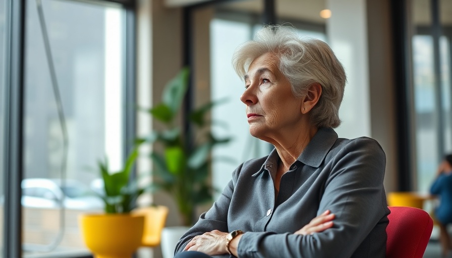 Thoughtful woman reflecting on menopause and mental health in modern office.