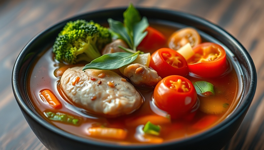 Vibrant chicken bone broth bowl with vegetables.