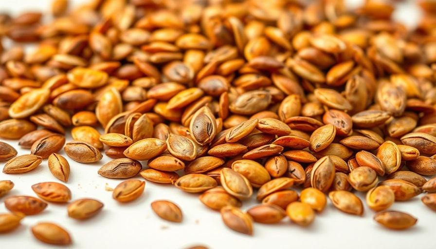 Golden roasted pumpkin seeds scattered on a white background.