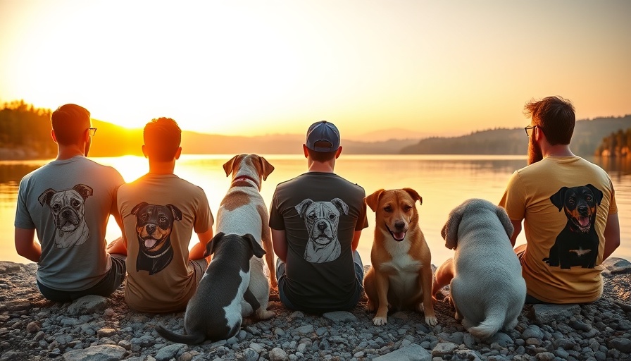 Dog Mob brand t-shirts on men relaxing with dogs by a lake at sunset.