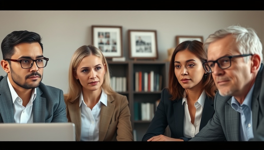 Four people in an online meeting with focused expressions.