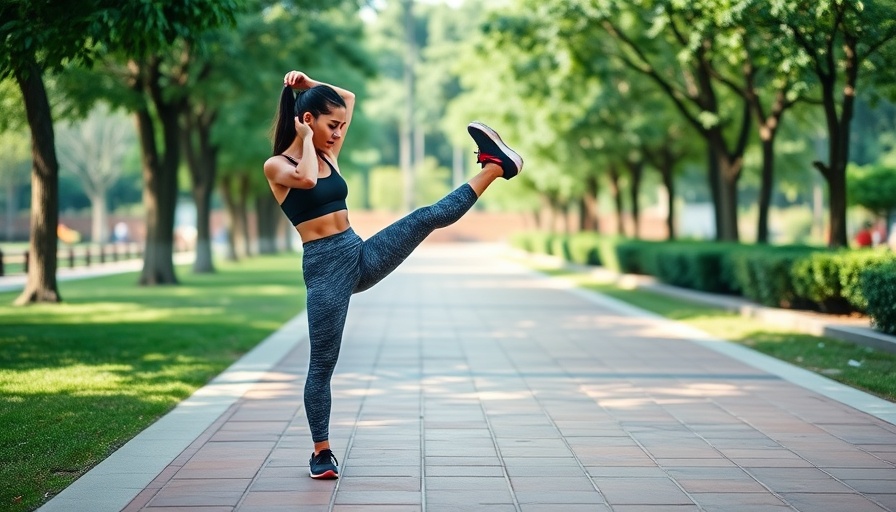 Athletic woman performing hip mobility exercises in a park.