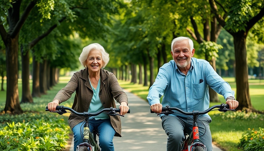 Elderly couple enjoying health benefits of riding a bicycle in nature.