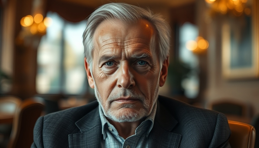 Older man in suit with serious expression sitting indoors.