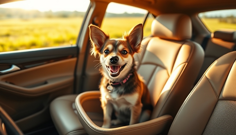 Happy dog sitting in car seat during sunset.