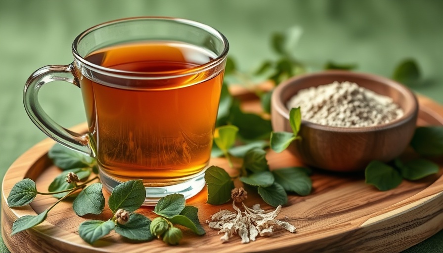 Glass of herbal tea with stevia leaves and powder on a tray.