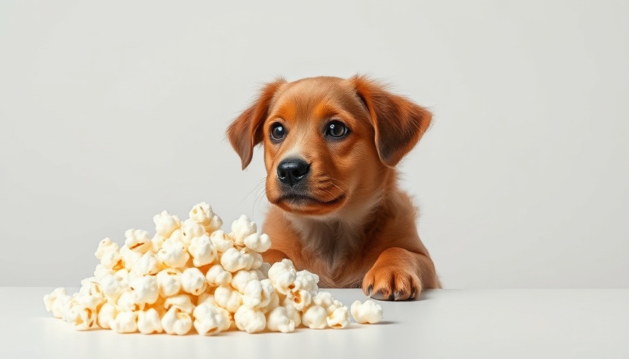 Curious dog and popcorn on white table, pondering question 'Can dogs eat popcorn?'