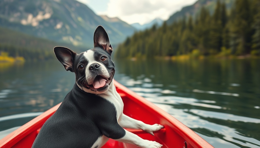 Boston Terrier in a canoe on a Canadian lake, exploring dog training methods Canada.