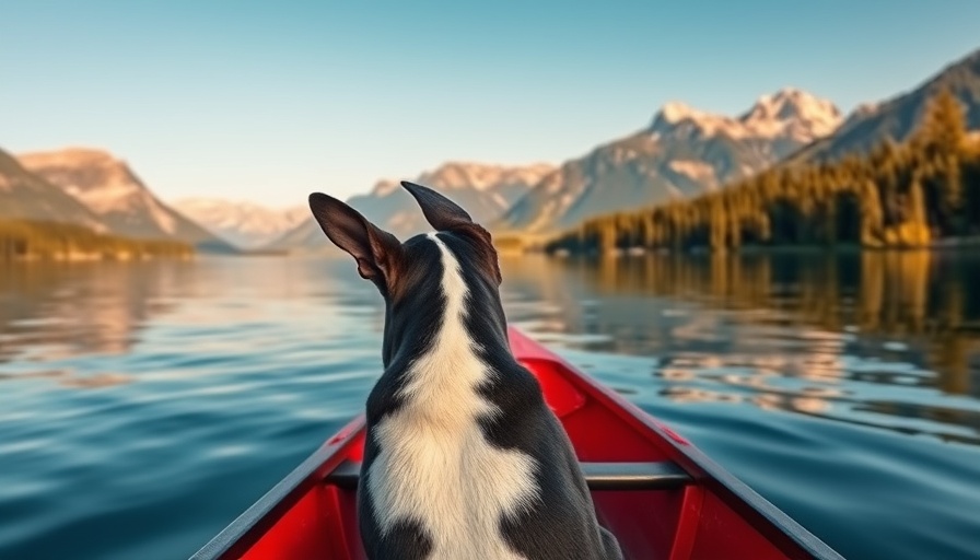 Boston Terrier in a canoe on a lake, showcasing Canadian dog training standards