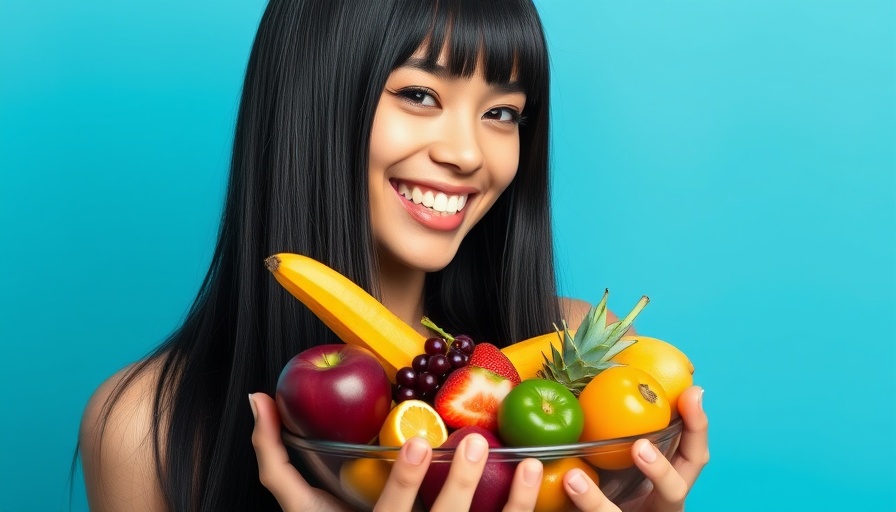 Smiling woman with fruit bowl representing diet choices related to common causes of sudden unexplained weight gain.