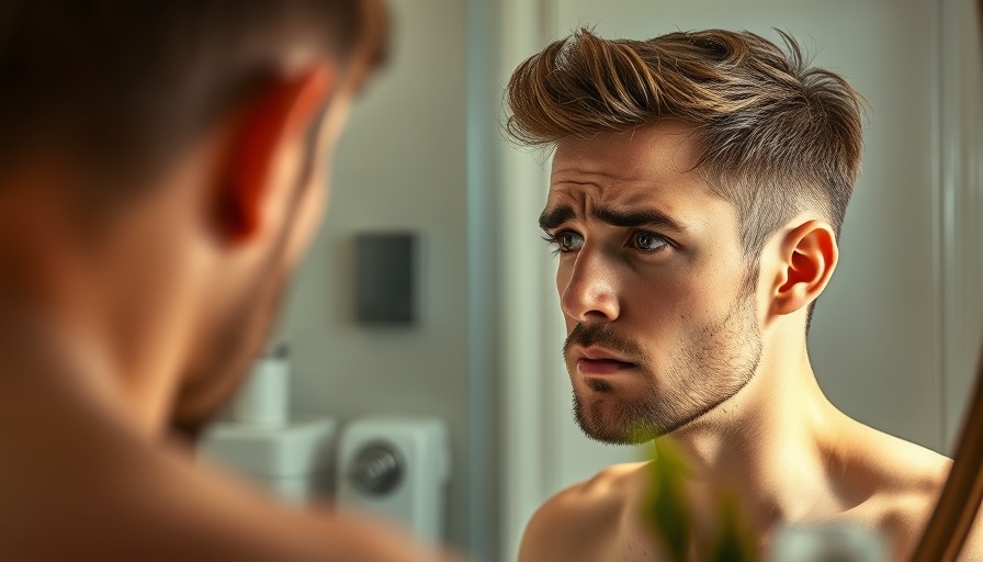 Man examining hair loss at the crown and hairline in mirror.