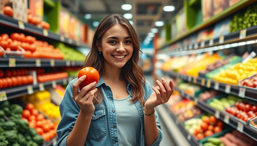 Young woman enjoys fresh produce for youthful appearance in grocery.
