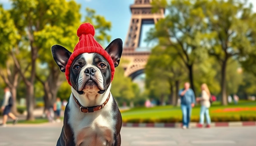 Dog wearing red beanie in front of Eiffel Tower, related to positive reinforcement dog training classes.