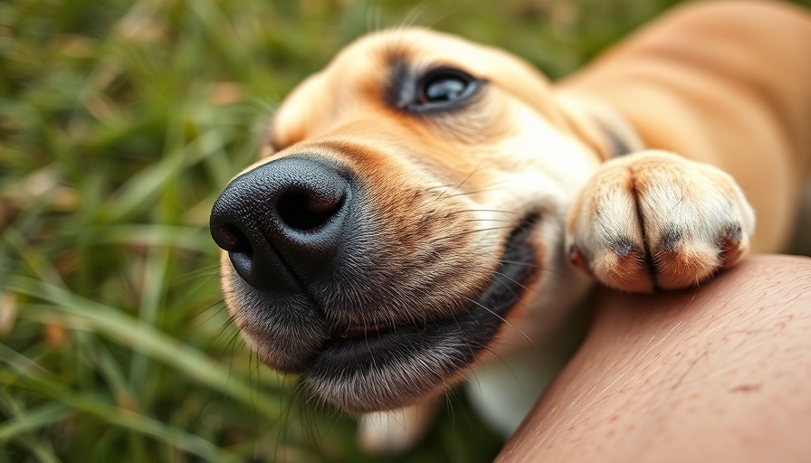 Close-up of a dog cobbing on an arm outdoors.