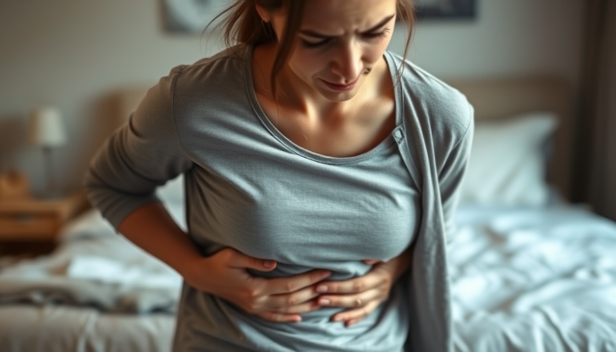 IBS management strategies: Woman in pain sitting on a bed.