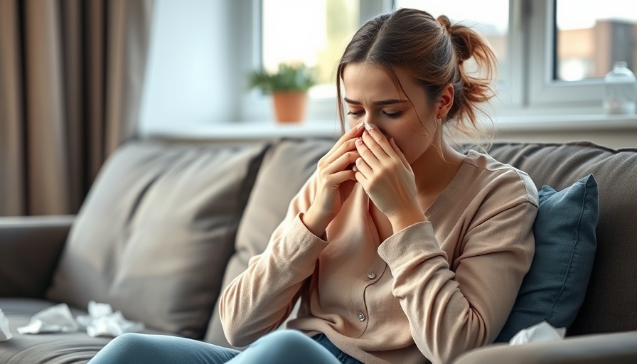 Young woman experiencing allergies on a couch with tissues scattered.