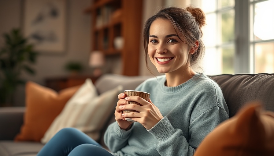 Young woman enjoying black coffee, smiling in cozy living room.