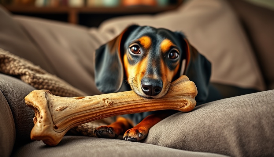Adorable dachshund enjoying vet-recommended dog chews on sofa.