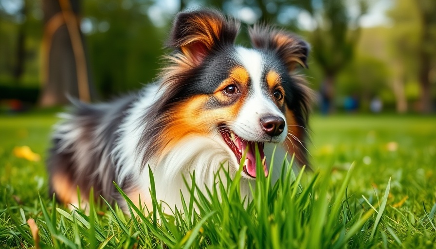Cute Shetland Sheepdog eating grass in the park, Dogs Eat Grass topic.
