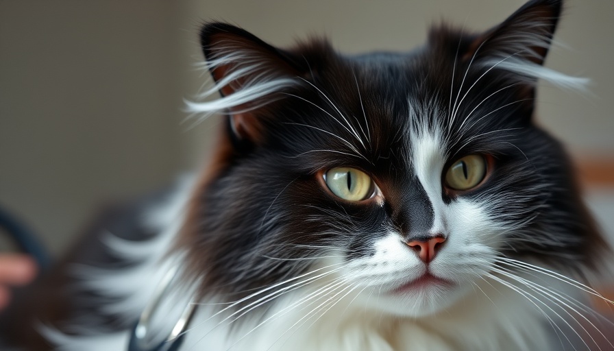 Fluffy cat examined at vet clinic, presence helps calm.