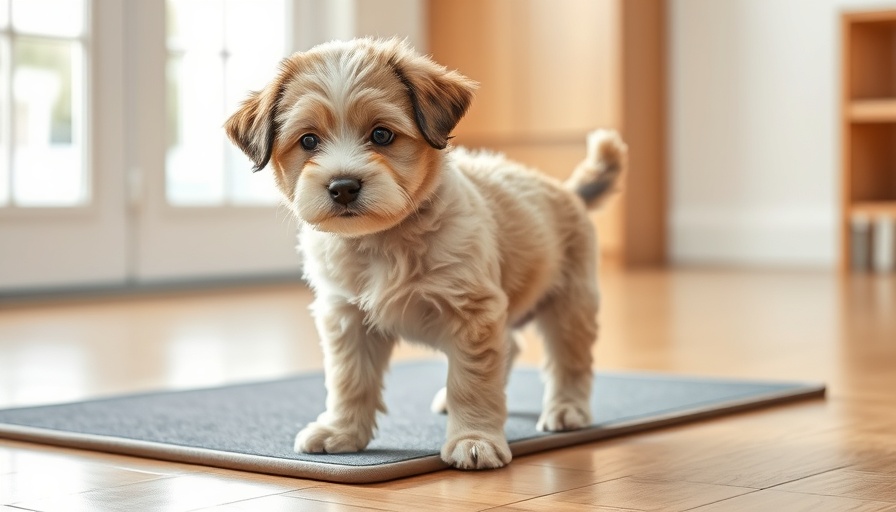 Fluffy puppy on training pad indoors, related to how long can dogs hold their pee.