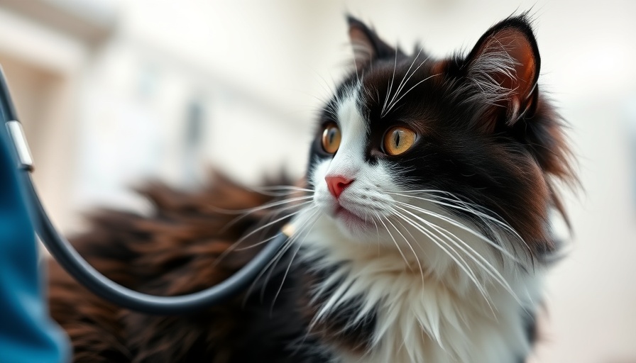 Fluffy cat showing stress during vet exam with a stethoscope.