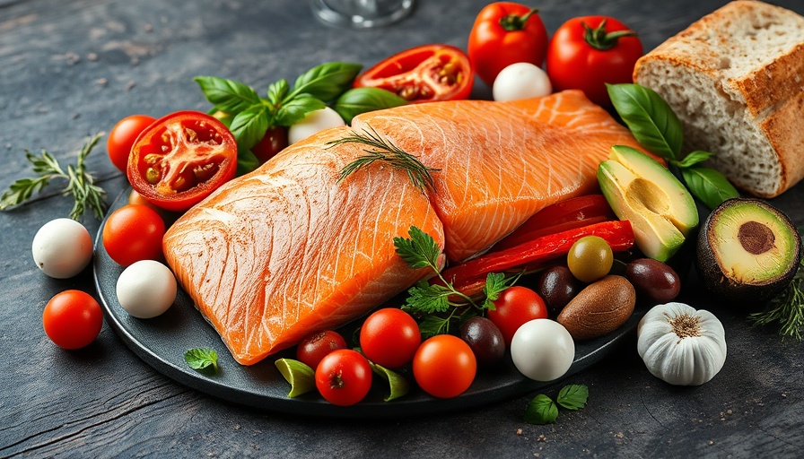 Mediterranean diet ingredients promoting heart health, fresh produce and salmon.