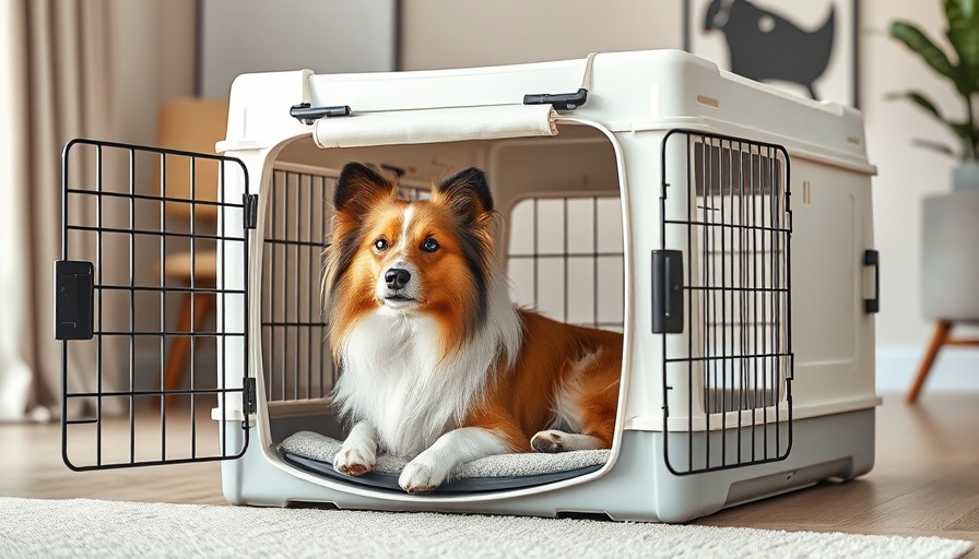 Shetland Sheepdog in a white collapsible dog crate indoors.