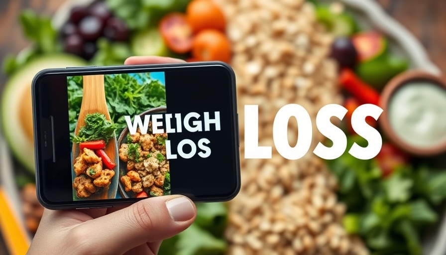 Vibrant smartphone with weight loss app over healthy meal background.