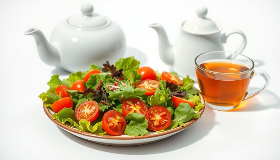 Colorful green-Mediterranean diet meal with tea on a white background.