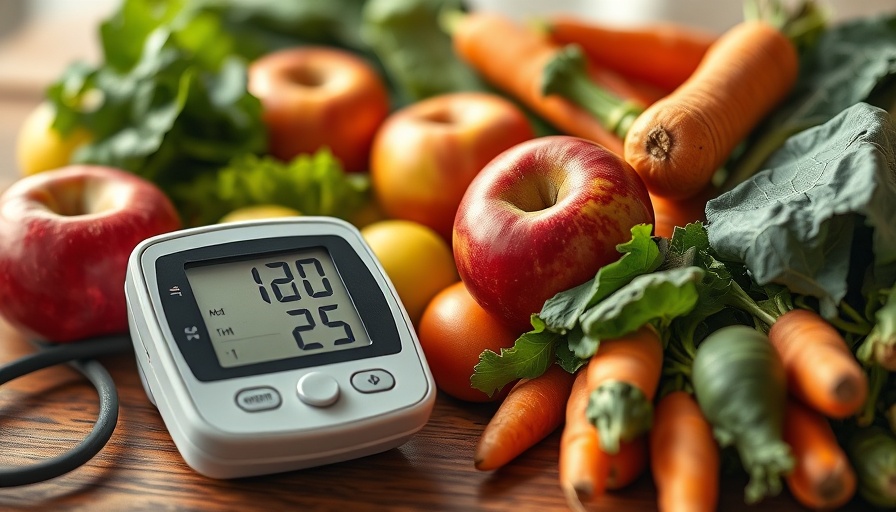 Digital blood pressure monitor and fresh produce for lowering blood pressure naturally.