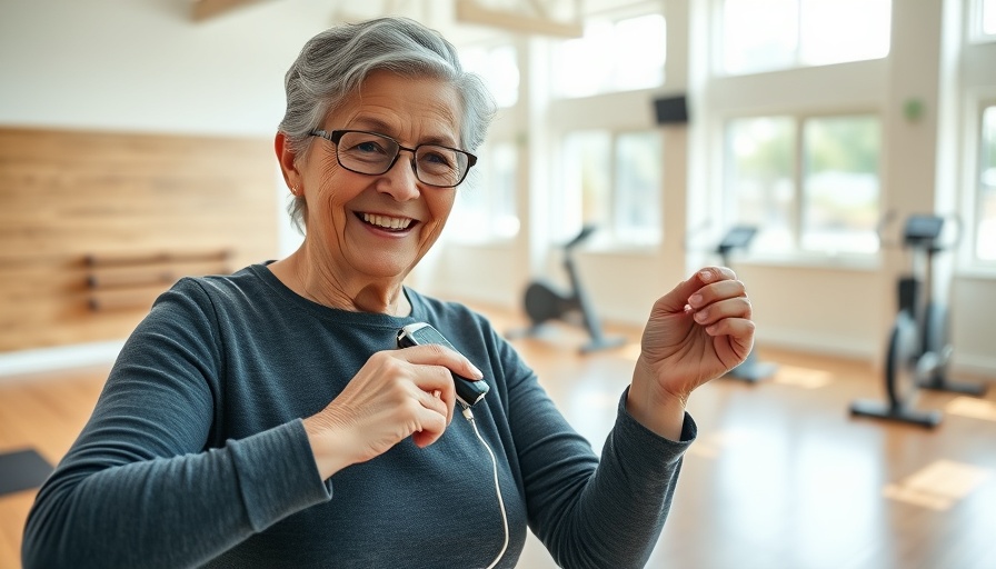 Middle-aged woman managing diabetes through exercise in gym with glucose monitor.