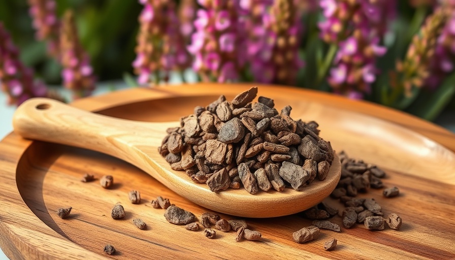 Dried Rhodiola rosea roots in a spoon with blooming plants, showcasing health benefits.