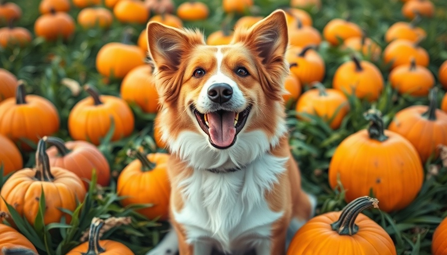 Cheerful dog sitting among pumpkins, positive reinforcement dog training.