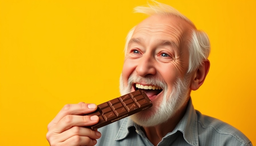 Older man enjoying chocolate bar against yellow background.