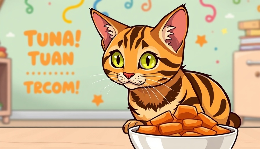 Curious Bengal cat observing tuna with warning about seafood toxicity for pets