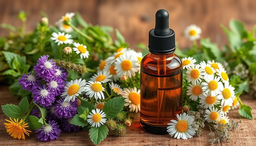 Healing herbs for health: essential oil bottles and colorful herbs.