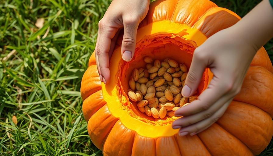 Close-up hands extracting seeds from pumpkin, symbolizing pumpkin for brain health, outdoors.